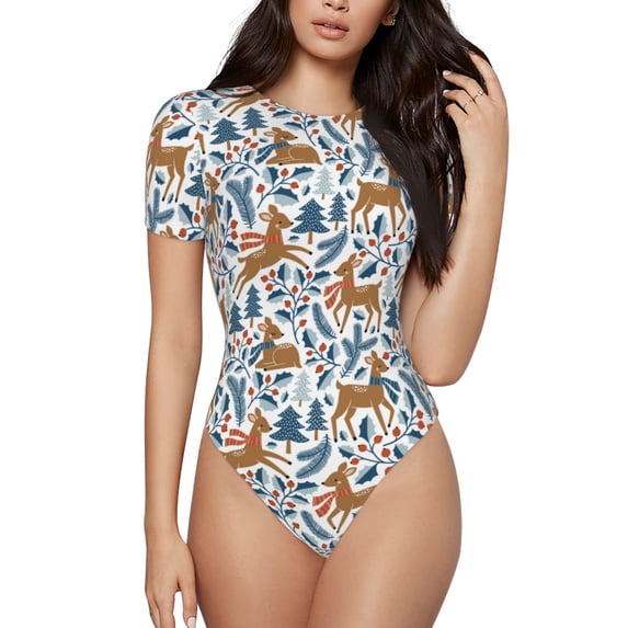 Kdxio winter Scarf deer for Women's Short-Sleeved Onesie Stylish Round Neck Pajamas Bodysuit Jumpsuit Nightwear-X-Large