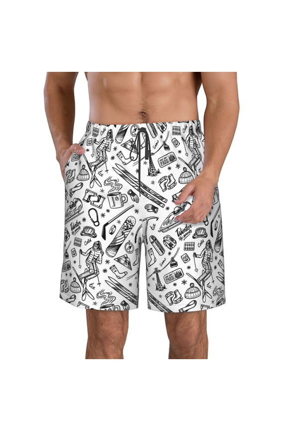 winter Ski Element Pattern Mens Casual Shorts - Drawstring Summer Beach Sports Shorts for Men