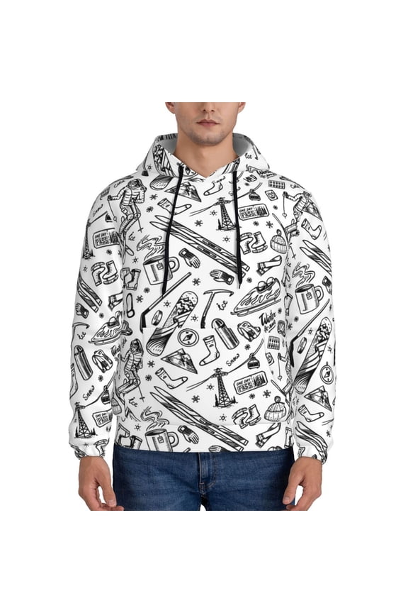 winter Ski Element Print Mens Casual Hooded Collar Drawstring Hoodies Pullover Sweatshirts Casual Long Sleeve Shirts-4X-Large
