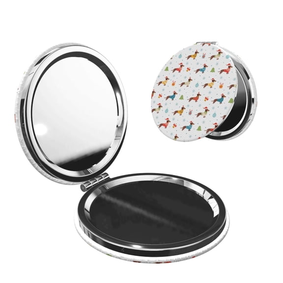Kdxio winter Snowflake Dachshund Pocket Mirror, 1X/2X Travel Makeup Mirror 2-Sided Folding Small Mirror Portable Double-Sided Magnifying Cosmetic Mirror for Gift-Round Shape