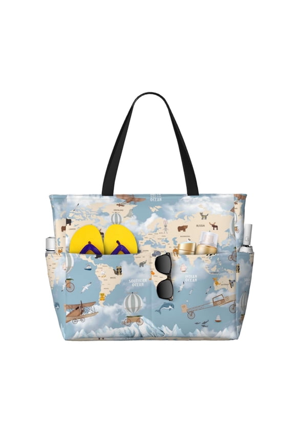 Animals Travel World Map for Beach Bag for Women Large Beach Tote Bag Waterproof Sandproof Swim Bag with Zipper Pockets Beach Vacation Travel