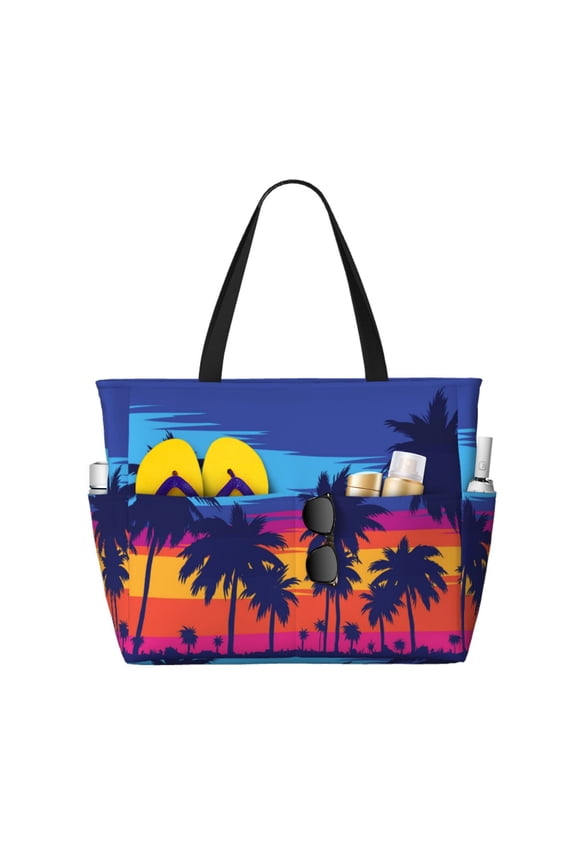Beach with Palm Trees for Beach Bag for Women Large Beach Tote Bag Waterproof Sandproof Swim Bag with Zipper Pockets Beach Vacation Travel