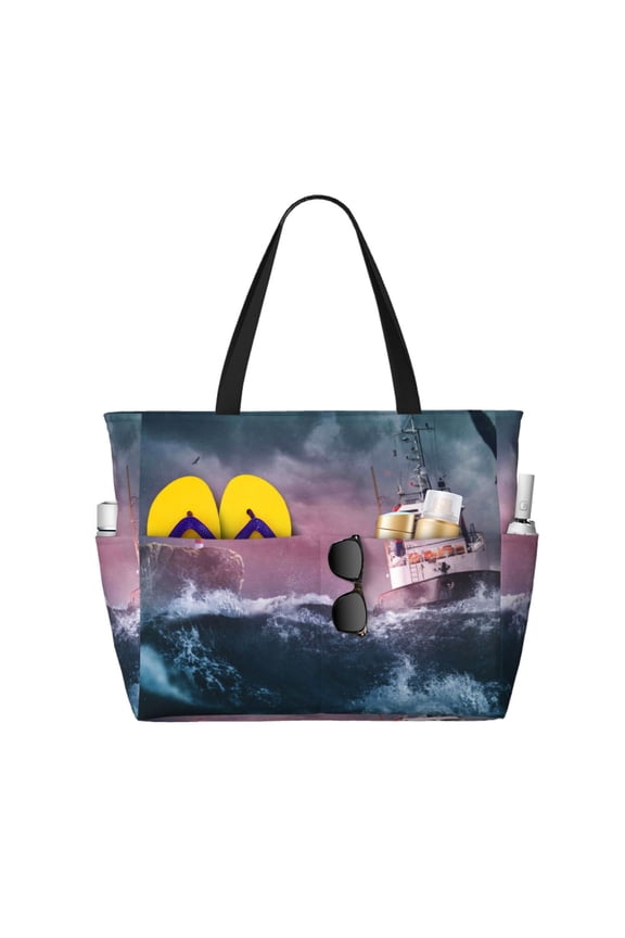 Boat Lighthouse Storm Waves for Beach Bag for Women Large Beach Tote Bag Waterproof Sandproof Swim Bag with Zipper Pockets Beach Vacation Travel