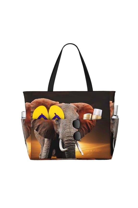 Elephant Sunset in Kenya for Beach Bag for Women Large Beach Tote Bag Waterproof Sandproof Swim Bag with Zipper Pockets Beach Vacation Travel