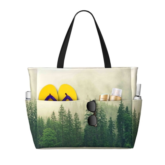 KdxioFog Forest for Beach Bag for Women Large Beach Tote Bag Waterproof Sandproof Swim Bag with Zipper Pockets Beach Vacation Travel
