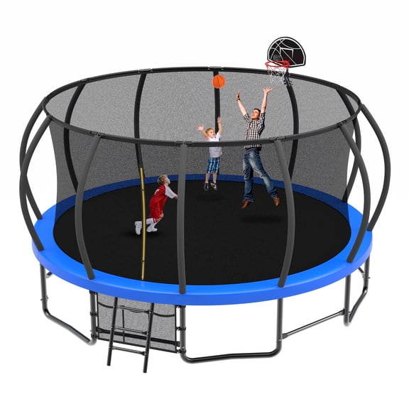 Kdymod 15 FT Outdoor Trampoline for Kids, Heavy-Duty Recreational Backyard Trampolines Anti-Rust with Basketball Hoop,Safety Enclosure Net and Ladder,No Gap Design for Best Birthday Gift,Blue