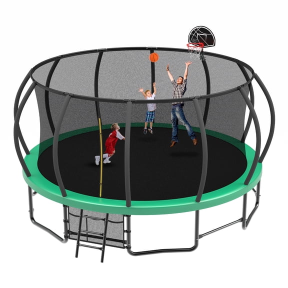 Kdymod 16 FT Outdoor Trampoline for Kids, Heavy-Duty Recreational Backyard Trampolines Anti-Rust with Basketball Hoop,Safety Enclosure Net and Ladder,No Gap Design for Best Birthday Gift,Green