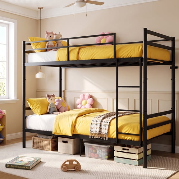 Kdymod Twin over Twin Metal Bunk Bed with Convertible 2-in-1 Design, Metal Bunk Bed Frame with Ladder & Safety Guardrail, Space-Saving for Teens and Adults, Black