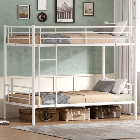 Uiowio Twin over Twin Metal Bunk Bed with Built-in Ladder & Safety Guardrail, Space-Saving Bunk Beds Frame with Storage for Bedroom & Dorm Room, White