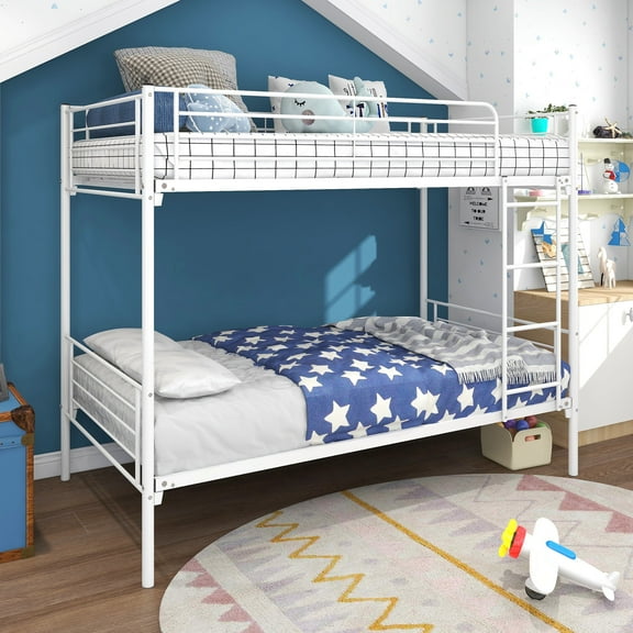 Kdymod Twin over Twin Metal Bunk Bed with Built-in Ladder and Safety Guardrail, Space-Saving Bunk Beds for Dorm and Bedroom, White