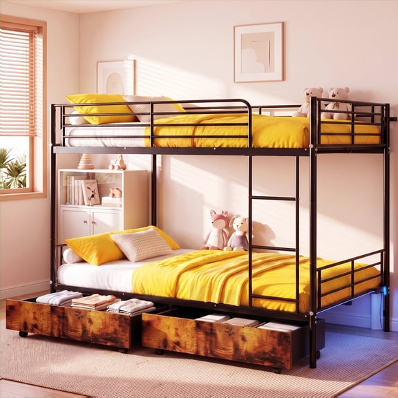 Kdymod Full over Full Metal Bunk Bed with Storage Drawers, Heavy Duty Bed Frame Converts to 2 Separate Beds with Safety Guardrail & Built-in Ladder, LED Lights & Charging Station, Black