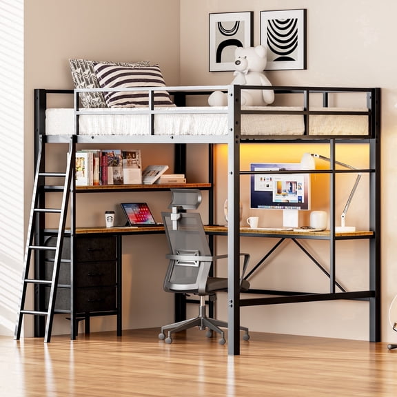 Kdymod Full Metal Loft Bed Frame with L-Shaped Desk & LED Lights & Charging Station, Loft Bed with 3 Fabric Drawers & 2 Storage Shelves, Safety Guard & Stairs, Black