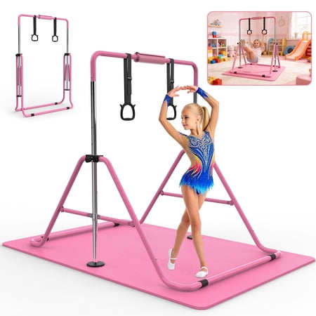 Kdymod Gymnastics Bar for Kid,Adjustable Height Kids Gymnastics Bar with Mat,Foldable Horizontal Junior Gymnastics Equipment Bar for Home Gym,Pink
