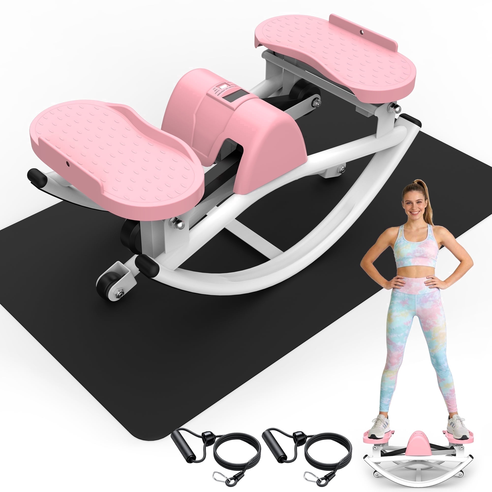 Kdymod Lateral Stepper for Exercise-Rocking Stepper Machine with Resistance Bands & Anti-Slip Mat and LCD Monitor, Professional Stair Stepper for Home Workout,Pink