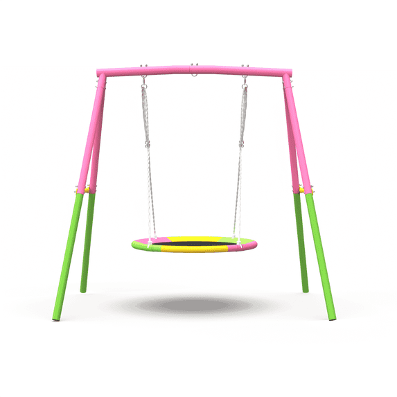 Kdymod 440lbs 40" Saucer Swing with Frame for Kids Outdoor, Heavy Duty Metal Swing Set with Adjustable Ropes & Ground Anchors, A-Frame Backyard Playset for Playground, Toddlers Ages 3+, Pink