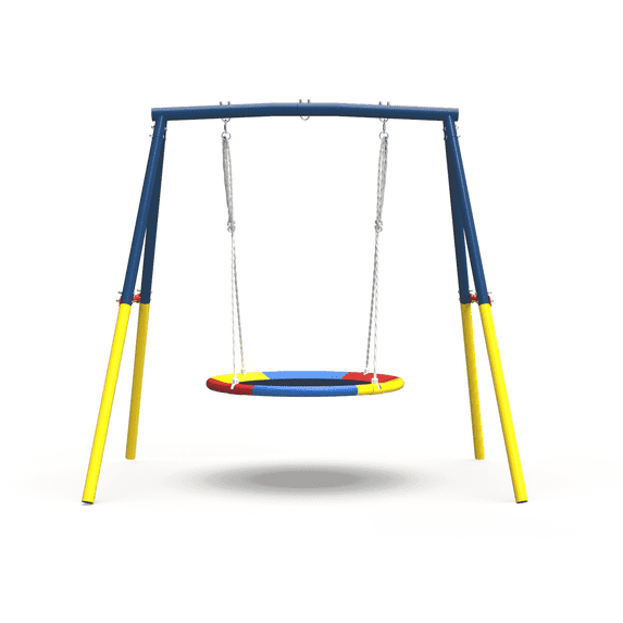 Kdymod 440lbs 40" Saucer Swing with Frame for Kids Outdoor, Heavy Duty Metal Swing Set with Adjustable Ropes & Ground Anchors, A-Frame Backyard Playset for Playground, Toddlers Ages 3+, Blue