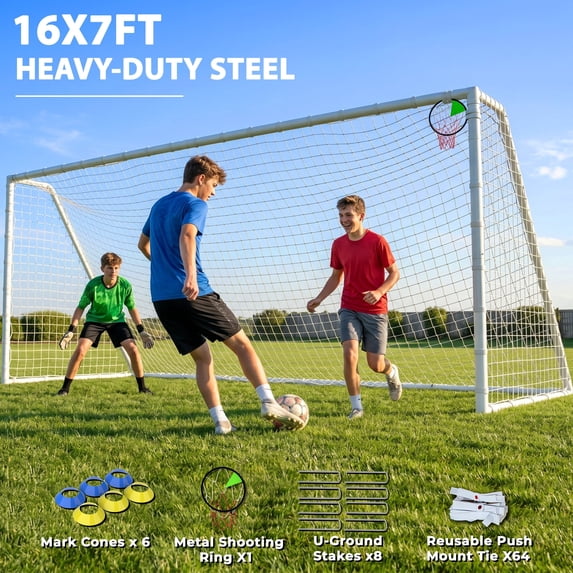 Kdymod 16×7 FT Soccer Goal for Backyard,Heavy-Duty Metal Soccer Net with Target Net,Outdoor Soccer Goal Soccer Equipment Set with 6 Soccer Cones & 8 Stakes for Kids and Adults ,White