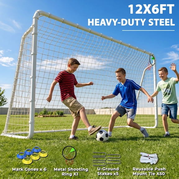 Kdymod 12×6 FT Soccer Goal for Backyard,Heavy-Duty Metal Soccer Net with Target Net,Outdoor Soccer Goal Soccer Equipment Set with 6 Soccer Cones & 5 Stakes for Kids and Adults ,White