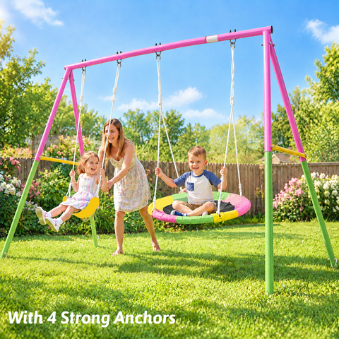 Kdymod Swing Set for Backyard, Heavy Duty Frame, Metal Swing Stand with 26.2" Belt & 32" Saucer Swing, 440Ibs Capacity 2-in-1 Swing Sets for Kids, Outdoor Playset for Playground