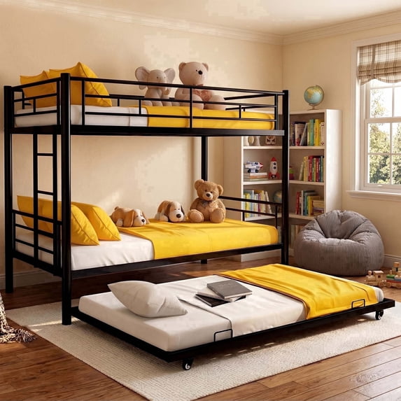 Uiowio Triple Bunk Bed Twin over Twin with Trundle,Triple Twin Bunk Bed with Ladder & Guardrail,Metal Convertible Triple Bunk Bed Frame for Teen & Adult,Bedroom,Dorm,Black(Mattress not included)