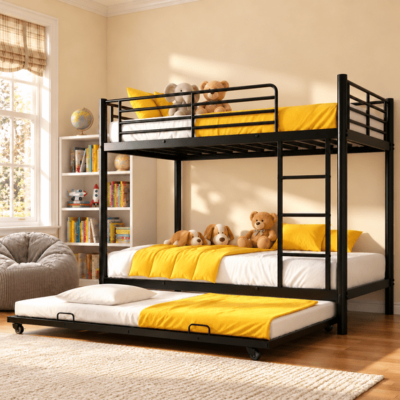Kdymod Triple Bunk Bed Twin over Twin with Trundle, Metal Bunk Bed Frame with Ladder & Guardrail, Bunk Bed with Trundle for Bedroom Dorm, Black