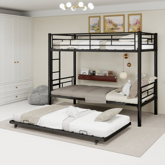 Uiowio Triple Bunk Bed Twin over Twin with Trundle,Triple Twin Bunk Bed with Ladder & Guardrail,Metal Convertible Triple Bunk Bed Frame for Teen & Adult,Bedroom,Dorm,Black(Mattress not included)