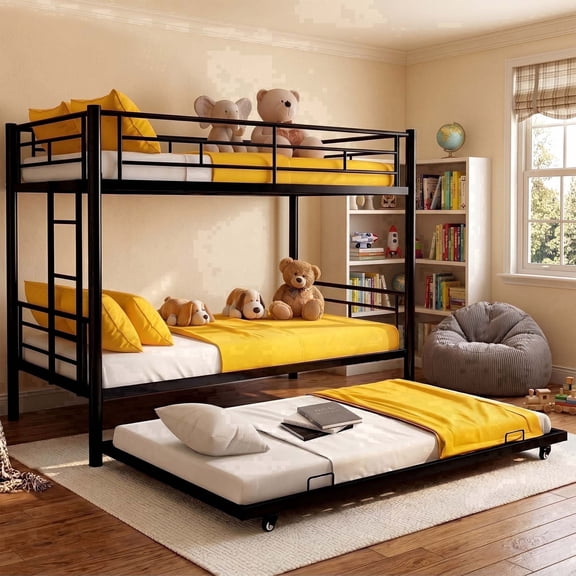 Uiowio Triple Bunk Bed Twin over Twin with Trundle,Triple Twin Bunk Bed with Ladder & Guardrail,Metal Convertible Triple Bunk Bed Frame for Teen & Adult,Bedroom,Dorm,Black(Mattress not included)