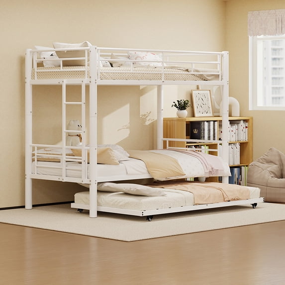 Kdymod Triple Bunk Bed Twin over Twin with Trundle, Metal Bunk Bed Frame with Ladder & Guardrail, for Teens & Adults, Bedroom Dorm, Black