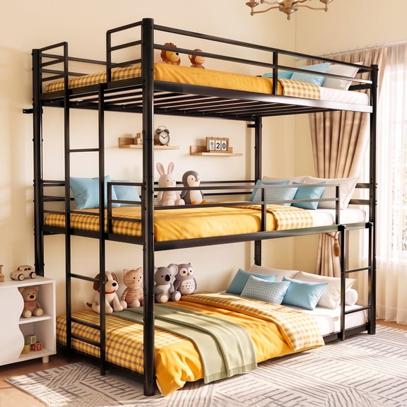 Kdymod Triple Bunk Bed Twin over Twin over Twin with 2 Ladders & Guardrails, Heavy Duty Detachable Metal Bed Frame, Converts to 3 Separate Beds, Space-Saving for Teens and Adults, Bedroom Dorm, Black