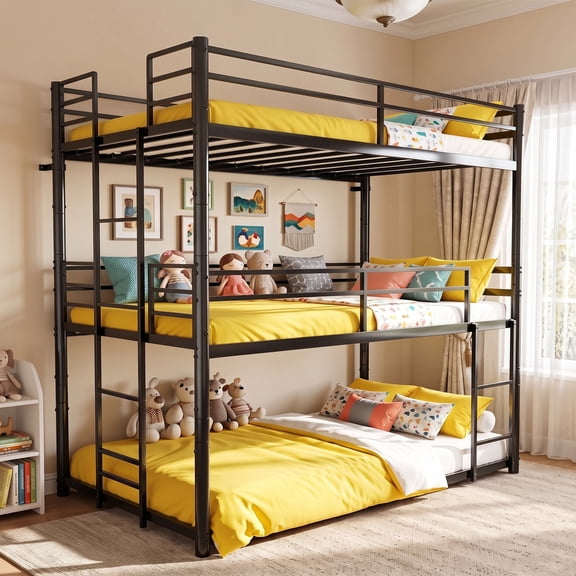 Kdymod Triple Bunk Bed Twin over Twin over Twin, Heavy-Duty Metal Bunk Bed Frame with Convertible 2-in-1 Design, Bunk Bed Twin over Twin with Full-Length Guardrails & Reversible Ladder