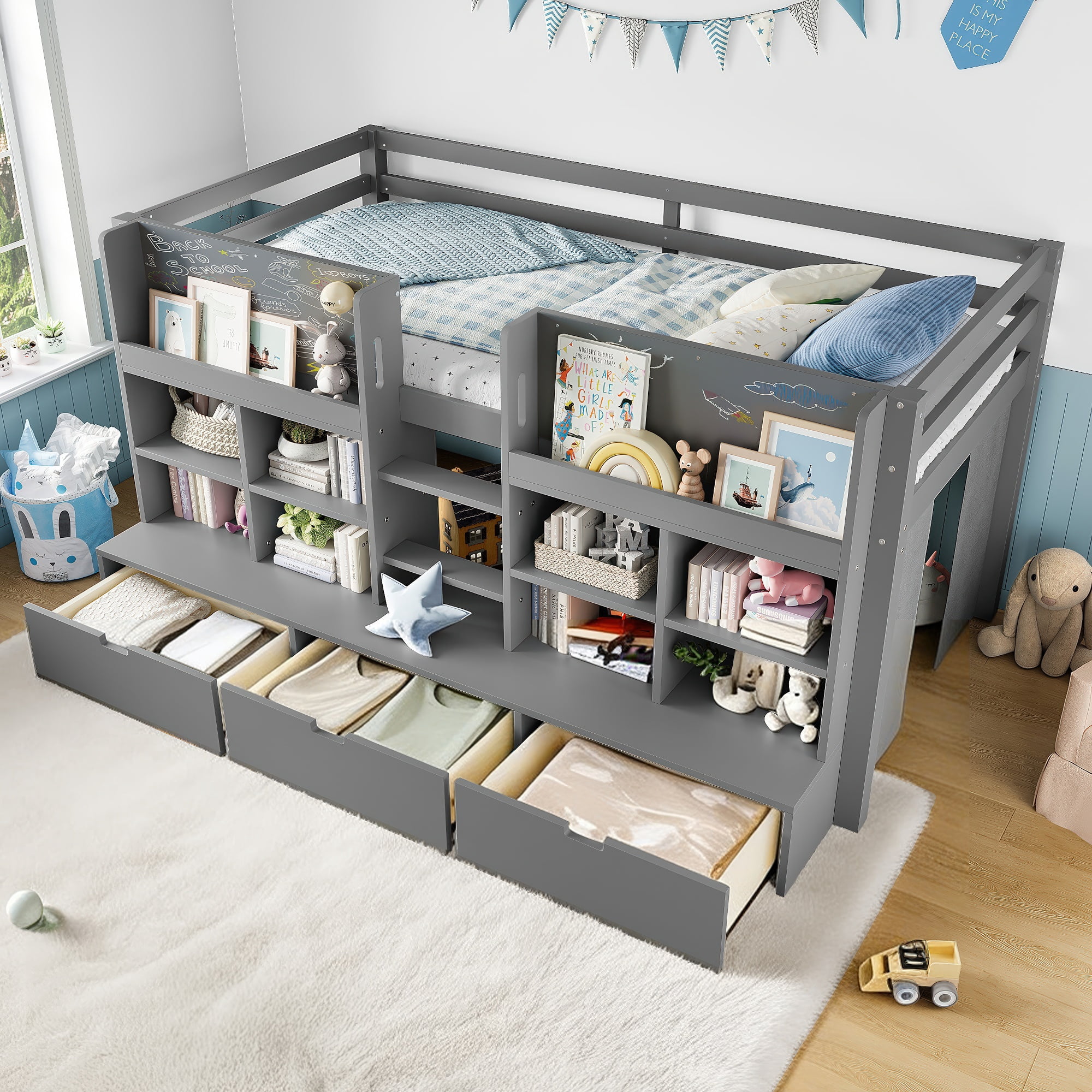 Kdymod Twin Loft Bed with Built-In Storage Shelves and Drawers,, Low ...