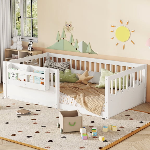 Kdymod Twin Size Floor Bed,Wood Platform Bed with Heightened Fence and Bookshelf,Easy Assemble Montessori Beds,No Box Spring Needed,White