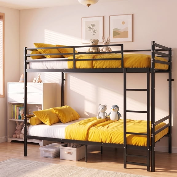 Kdymod Twin over Twin Metal Bunk Bed with Storage, Converts to 2 Separate Beds, Heavy-Duty & Space-Saving Bed Frame with Built-in Ladder & Safety Guardrail, Black