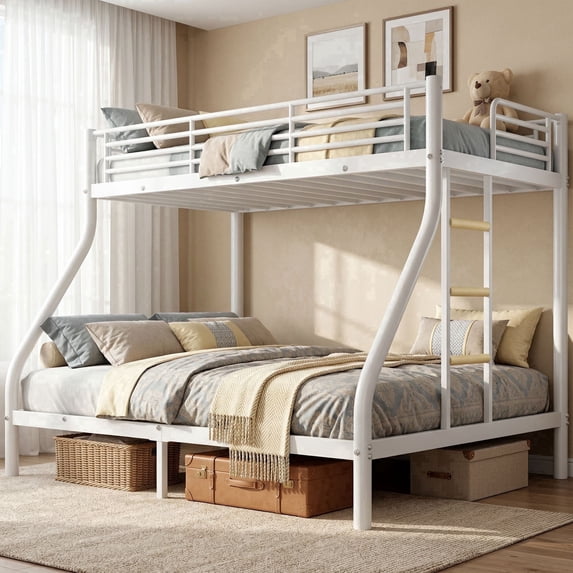 UIOWIO Twin XL over Queen Metal Bunk Bed Set with Stairs & Storage, Heavy Duty Queen Bunk Bed Frame for Adults & Teens, Includes 6" Memory Foam Mattresses, No Box Spring Needed, Withe