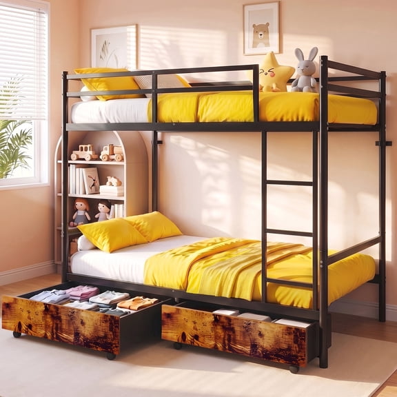 Kdymod Twin over Twin Metal Bunk Bed with Storage Drawers, Heavy Duty Bed Frame with Safety Guardrail & Entrance & Built-in Ladder, Black