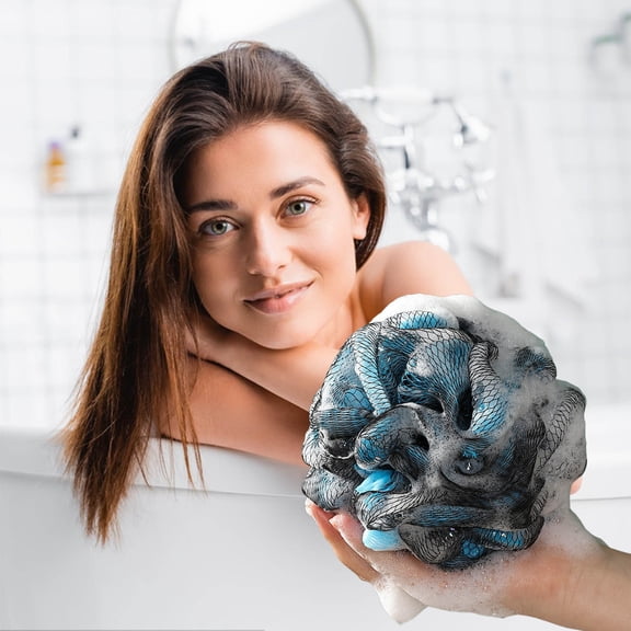 Ke1Clo 12x12cm Bath Sponge, Soft Flower-Shaped Scrubber Non-Shedding Loofah, Plentiful Lathering with Hanging Loop, for Sensitive Skin Gentle Cleansing Shower Body Wash, Blue
