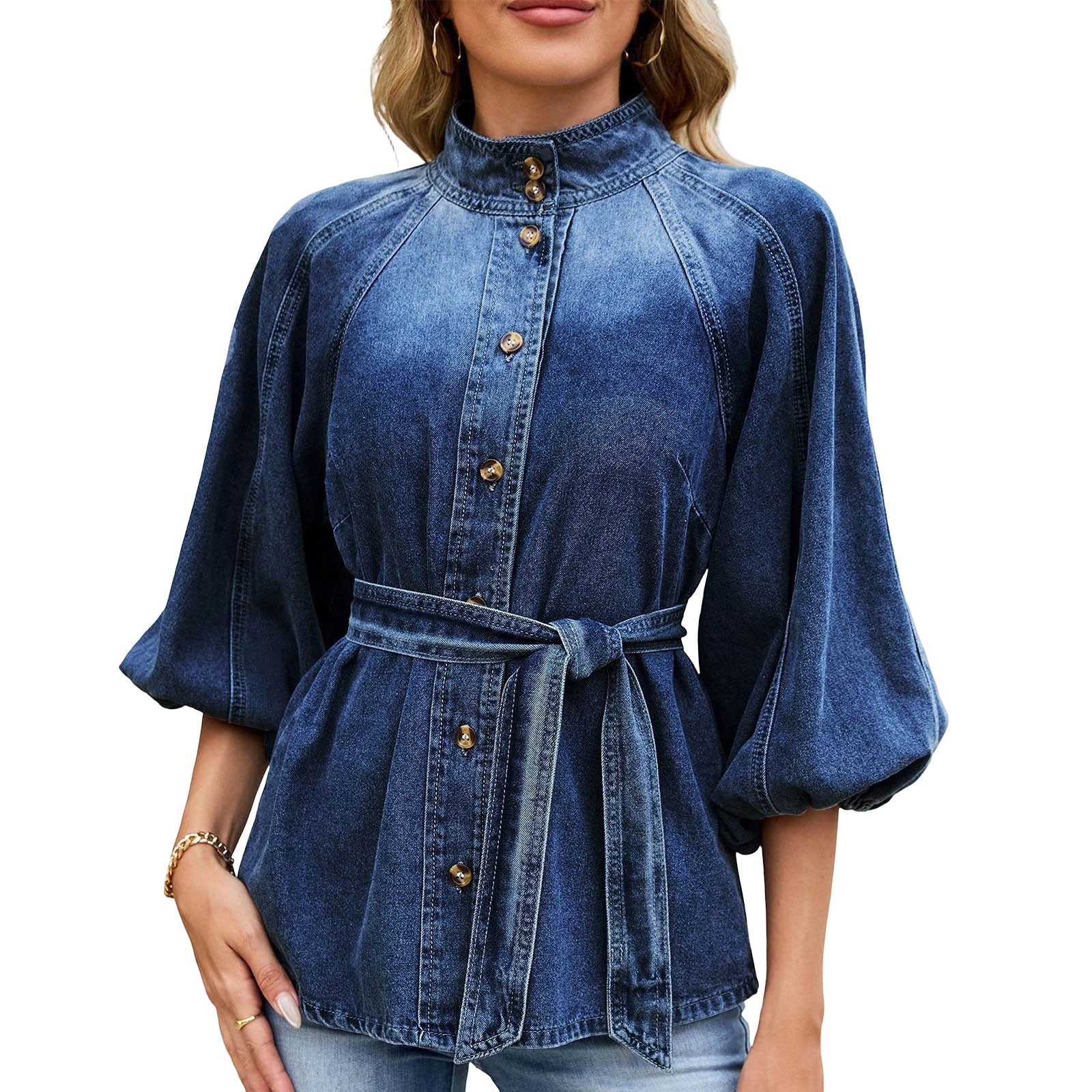 Ke1Clo 3/4 Sleeve Tops for Women Casual Fashion Button Down Tie Front Puff Sleeve High Neck Loose Denim Blouse Curved Hem Flowy Bandage Fall Top Dark Blue L