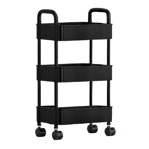 Ke1Clo 3 Tier Rolling Cart with Wheels, Plastic Rolling Utility Cart with Handle, Multi-functional Storage Trolley for Office, Living Room, Kitchen, Black Movable Storage Organizer