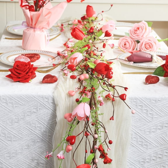 Ke1Clo 63 Inch Tulip Heart Berry Vine Garland, Valentines Day Garlands Pink Artificial Flower Garland with Love Shaped Berries for Valentine's Day Wedding Mantel Home Decor