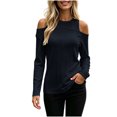 thumbnail image 1 of Ke1Clo Cold Shoulder Tops for Women Long Sleeve Round Neck Slim Fit Casual Sweater Fall Winter Fashion Solid Soft Comfy Pullover Navy XXL, 1 of 5