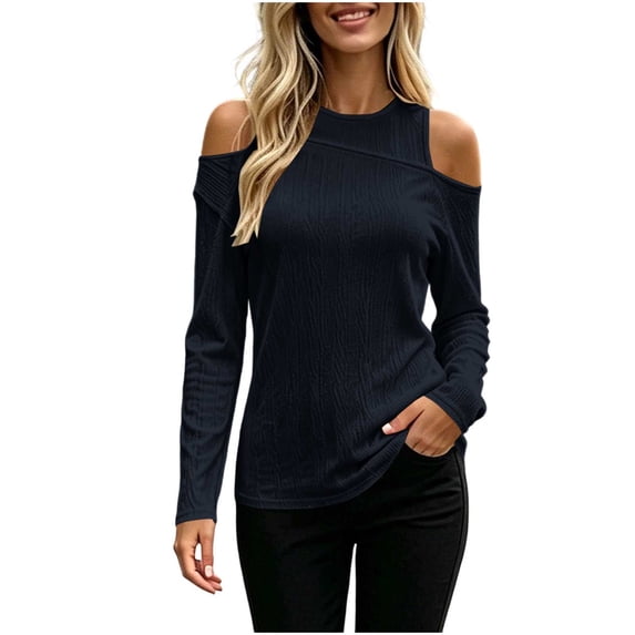 Ke1Clo Cold Shoulder Tops for Women Long Sleeve Round Neck Slim Fit Casual Sweater Fall Winter Fashion Solid Soft Comfy Pullover Navy XXL