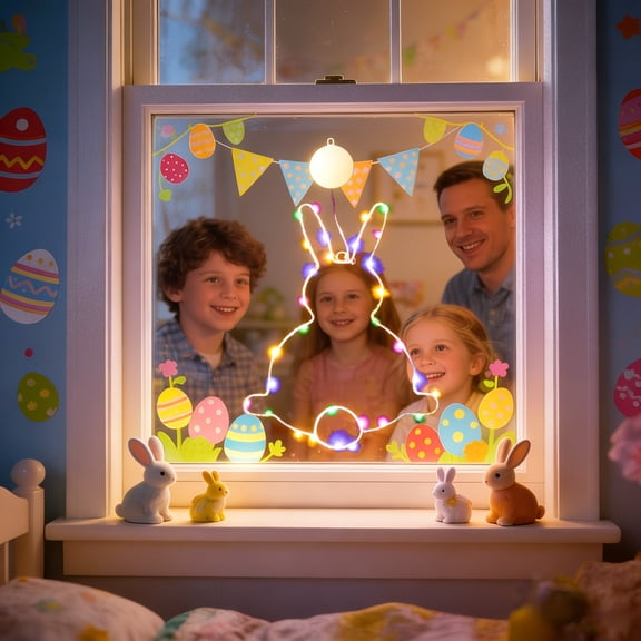 Ke1Clo Easter Bunny Suction Cup Window Light, LED Decorative Lamp Battery Powered Bunny-Shaped Light for Holiday Window Display