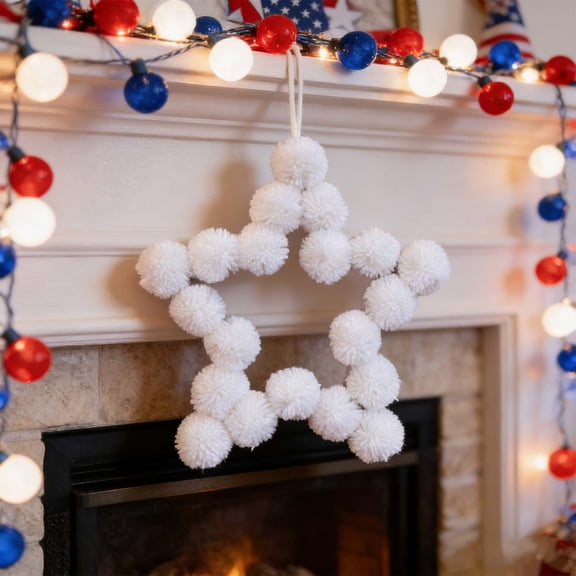 Ke1Clo Five Pointed Star Bobbles Wreath, 11.8 Inch Fuzzy Pom Pom Wreath for Independence Day, Patriotic Door Hanging, Home Entrance Decor