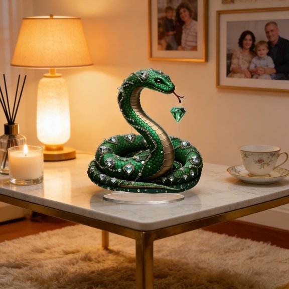 Ke1Clo Green Snake Acrylic Stand, Diamond Encrusted Serpent Desk Decor, Sparkling Faux Gemstone Figurine, Collectible Gift for Snake Lovers, Home Office
