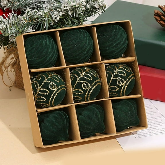 Ke1Clo Green Velvet Christmas Tree Ornaments, 9 Count, 60mm/2.36 Inch Flocked Shatterproof Christmas Ornaments Sets, Christmas Ball Ornaments for Holiday Christmas Tree Decorations