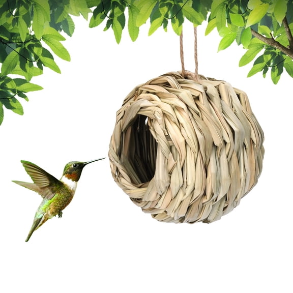 Ke1Clo Hand Woven Hummingbird Nest House, Spherical Round Mouth Bird Cage for Outdoor Garden, Natural Grass Bird Hut with 1.8in Opening Safe from Predators
