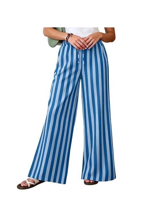 High Waist Wide Leg Pants for Women Striped Drawstring Elastic Waist Pants Casual Loose Spring Fall Palazzo Pants Blue XL