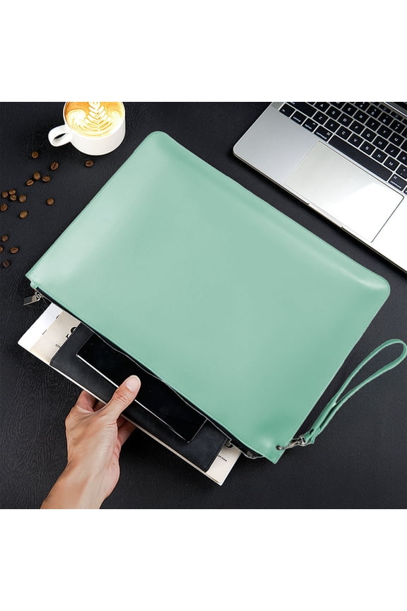 Leather Document Bag, Zippered A4 Briefcase for Business Meetings, Waterproof Large-Capacity File Storage Bag for Office Use, Green