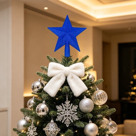 Ke1Clo Patriotic 4th of July Star Tree Topper, Glitter Blow-Molded 6 Inch Pentagons Star, Lightweight Plastic Independence Day Decoration for Christmas Tree Home Party, Blue
