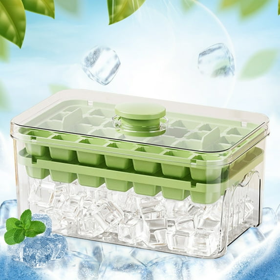Ke1Clo Push Ice Tray with Storage Box, One Button ice Release System, BPA-Free Ice Mold with Cover, Home Ice Making Set with Ice Shovel